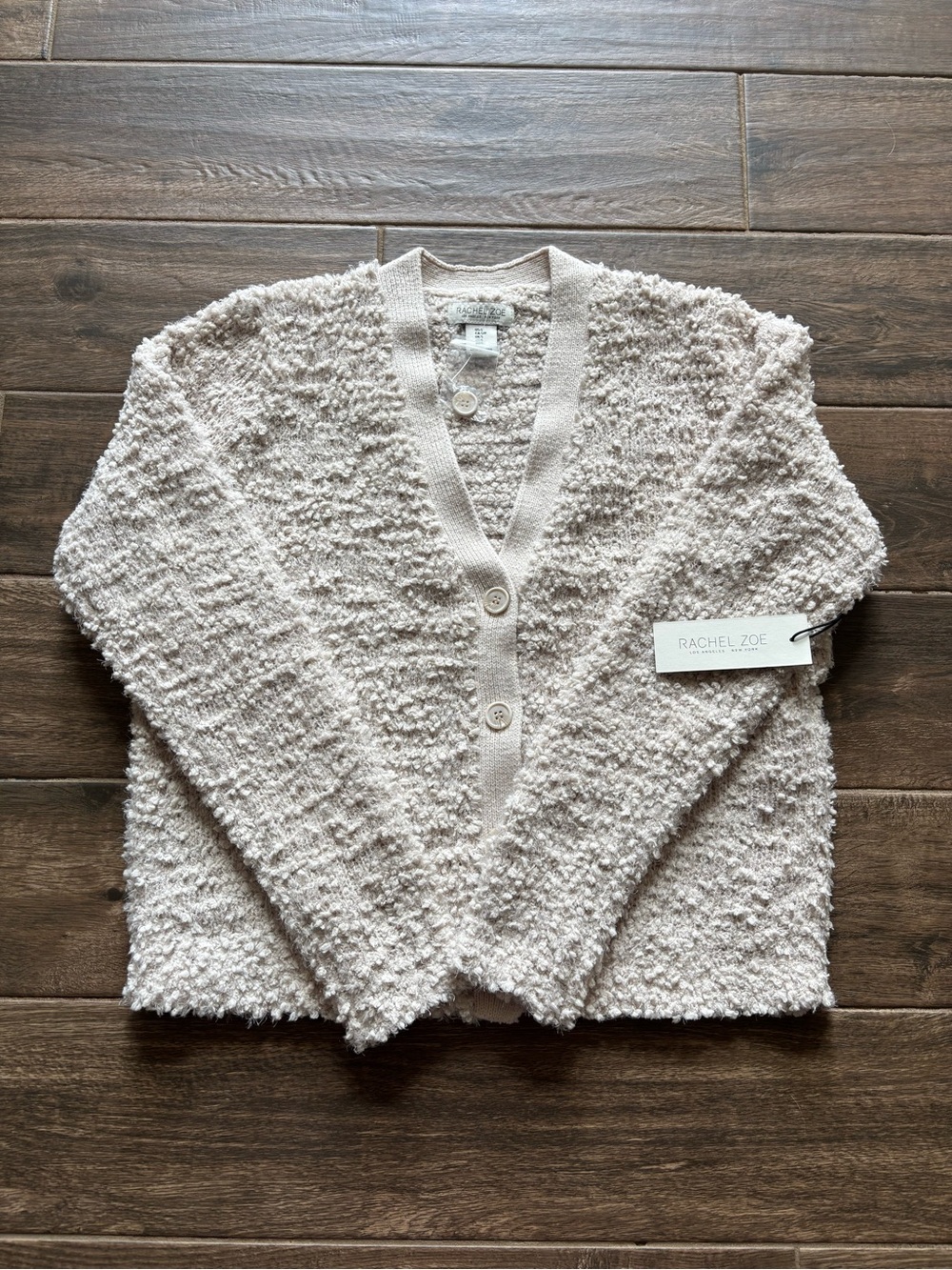 Rachel Zoe Cream Popcorn Knit V-Neck Button Cardigan - Picture 1 of 1